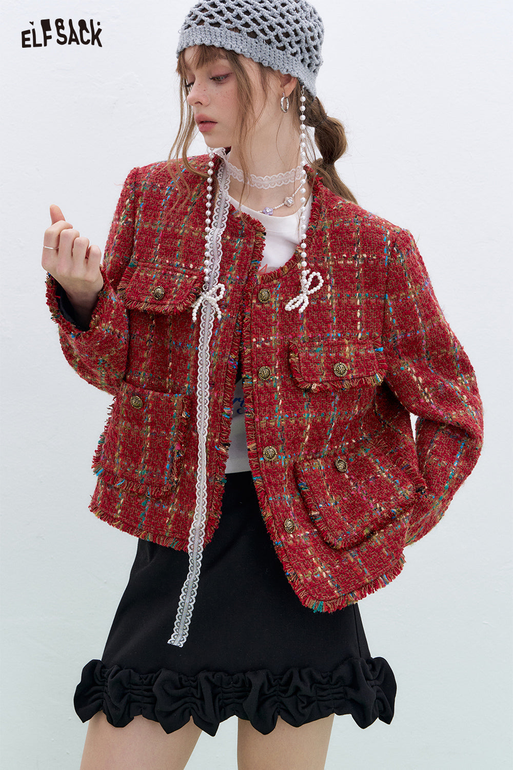 ELFSACK Vintage Red Plaid Texture Long Sleeve Short Jacket Women Single Breasted Round Neck High Street Top