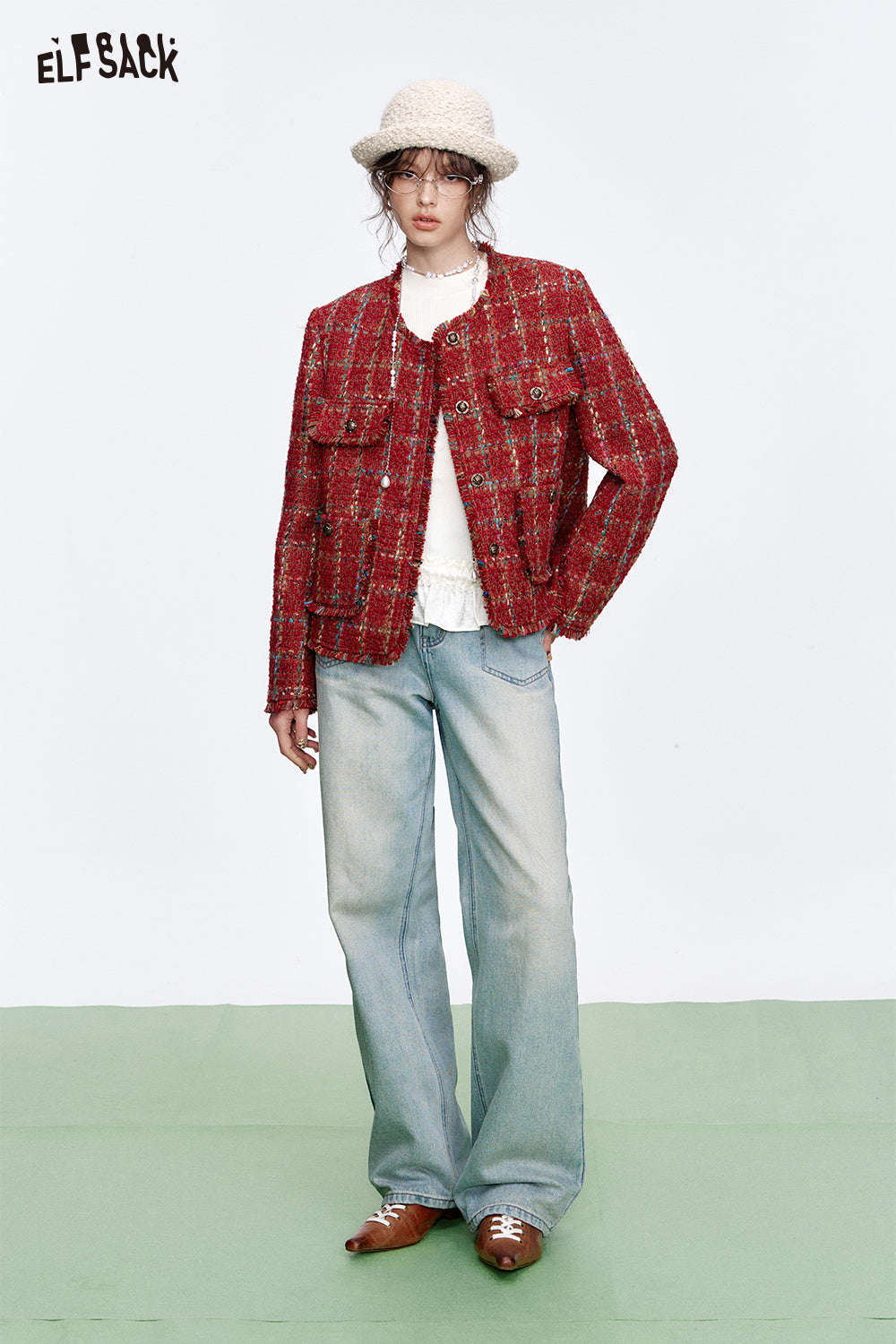 ELFSACK Vintage Red Plaid Texture Long Sleeve Short Jacket Women Single Breasted Round Neck High Street Top