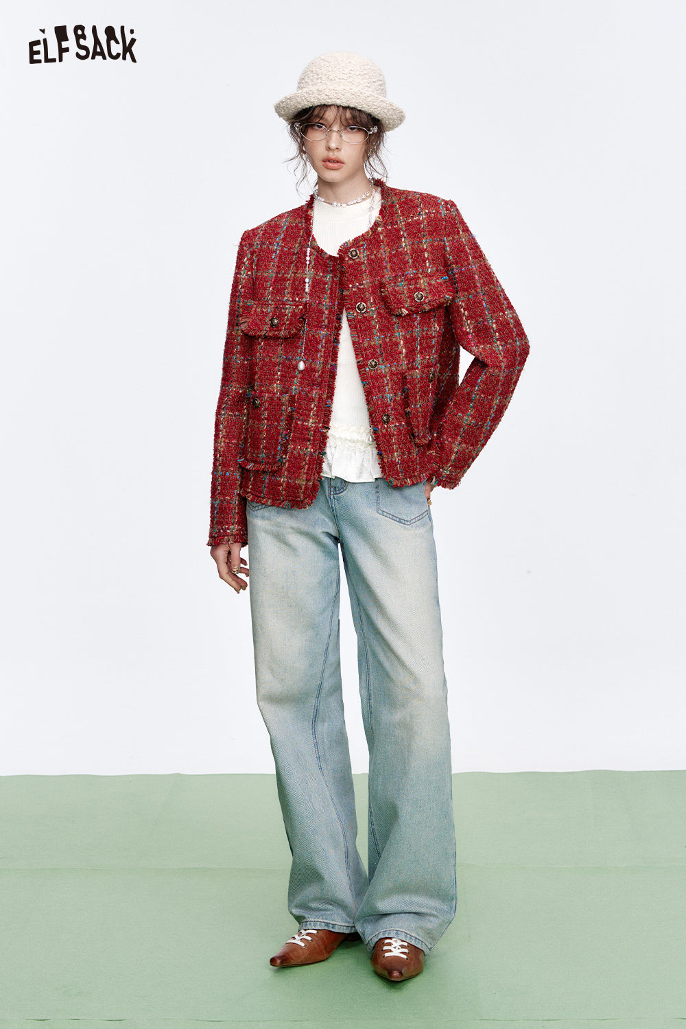 ELFSACK Vintage Red Plaid Texture Long Sleeve Short Jacket Women Single Breasted Round Neck High Street Top