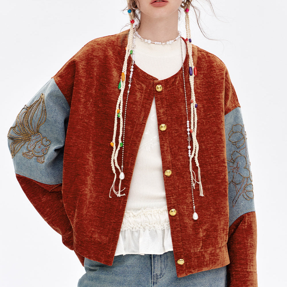 ELFSACK 2025 Spring New Arrivals Neo-Chinese style velvet stitching denim short jacket for women