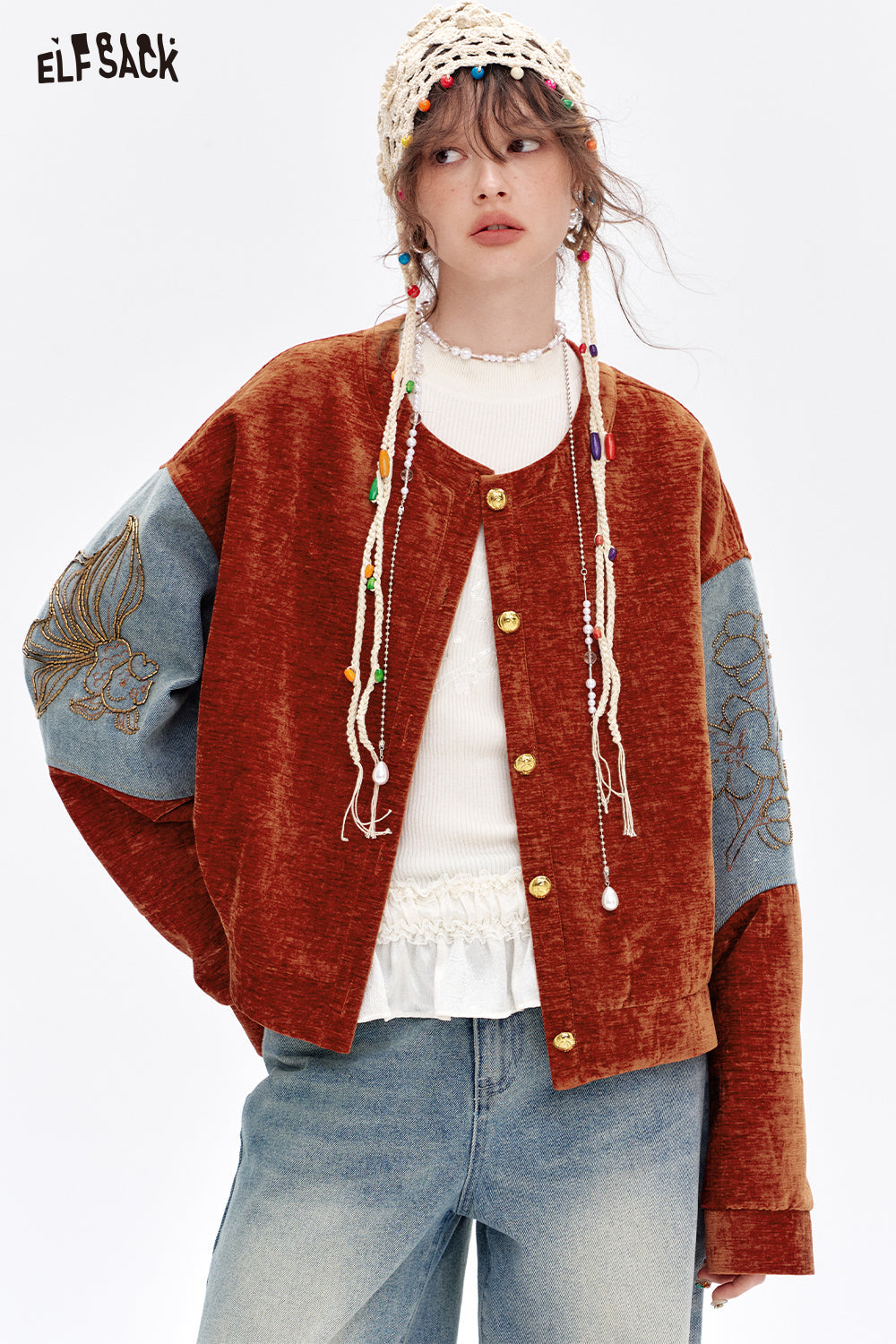 ELFSACK 2025 Spring New Arrivals Neo-Chinese style velvet stitching denim short jacket for women