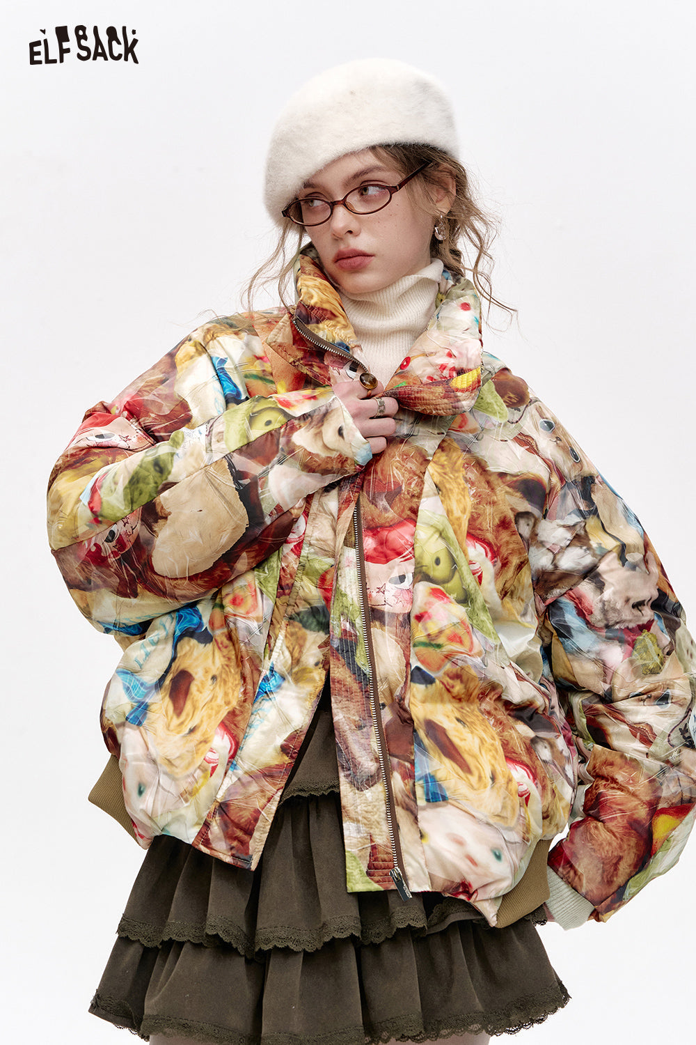 ELFSACK Stand collar all over print short down jacket