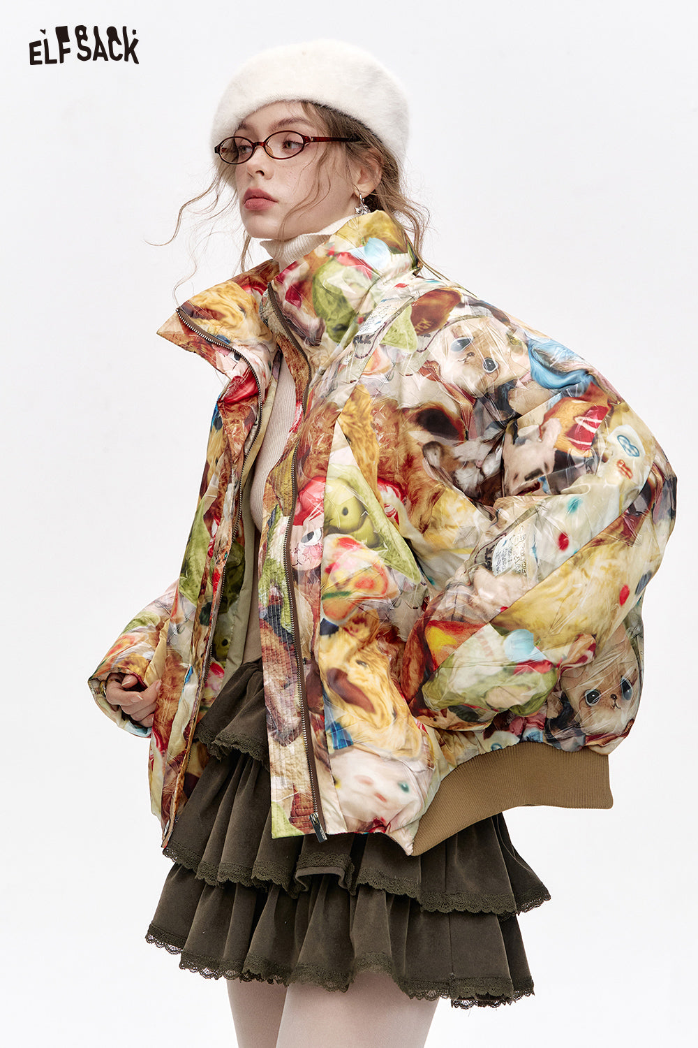 ELFSACK Stand collar all over print short down jacket