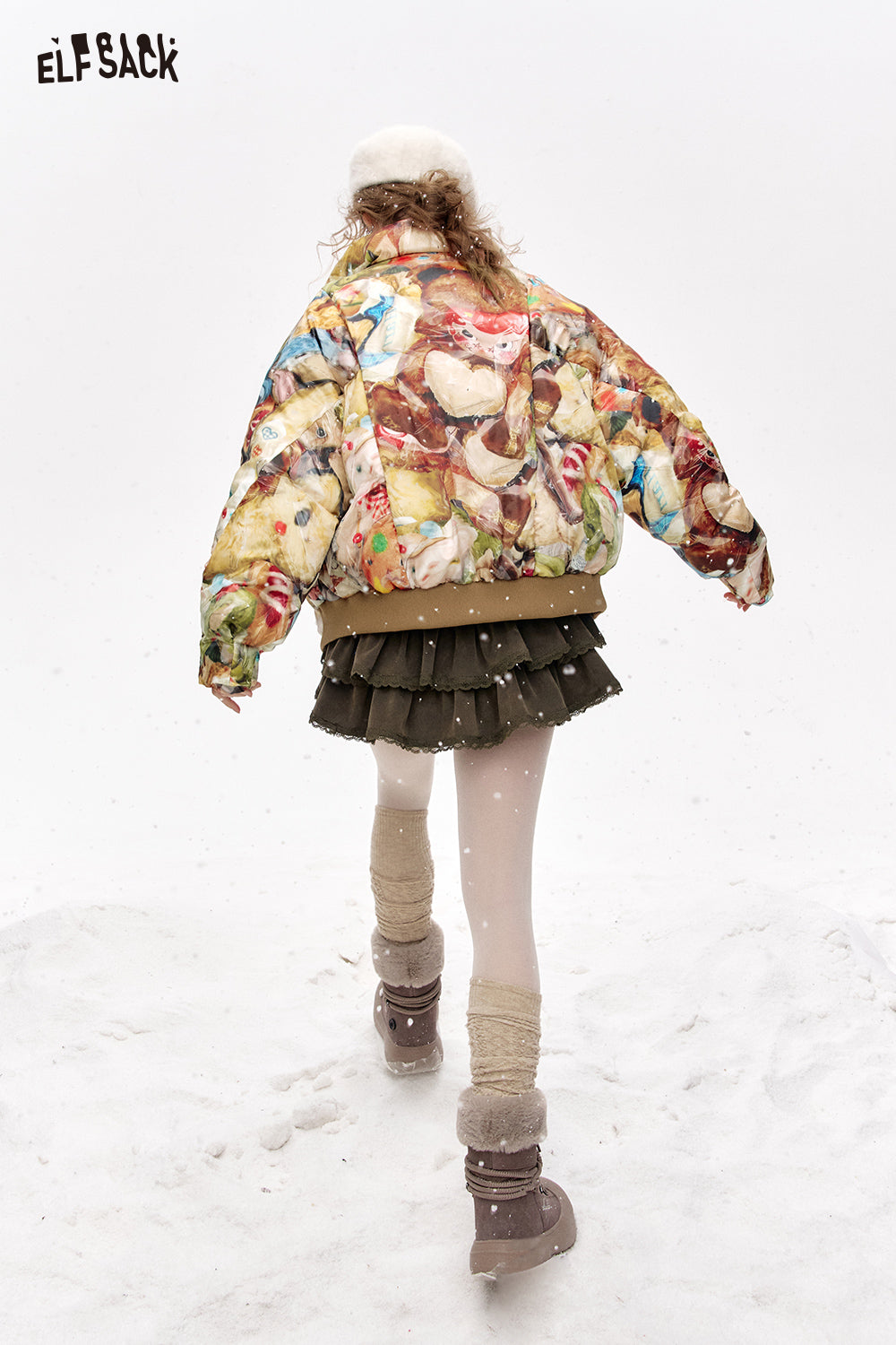 ELFSACK Stand collar all over print short down jacket
