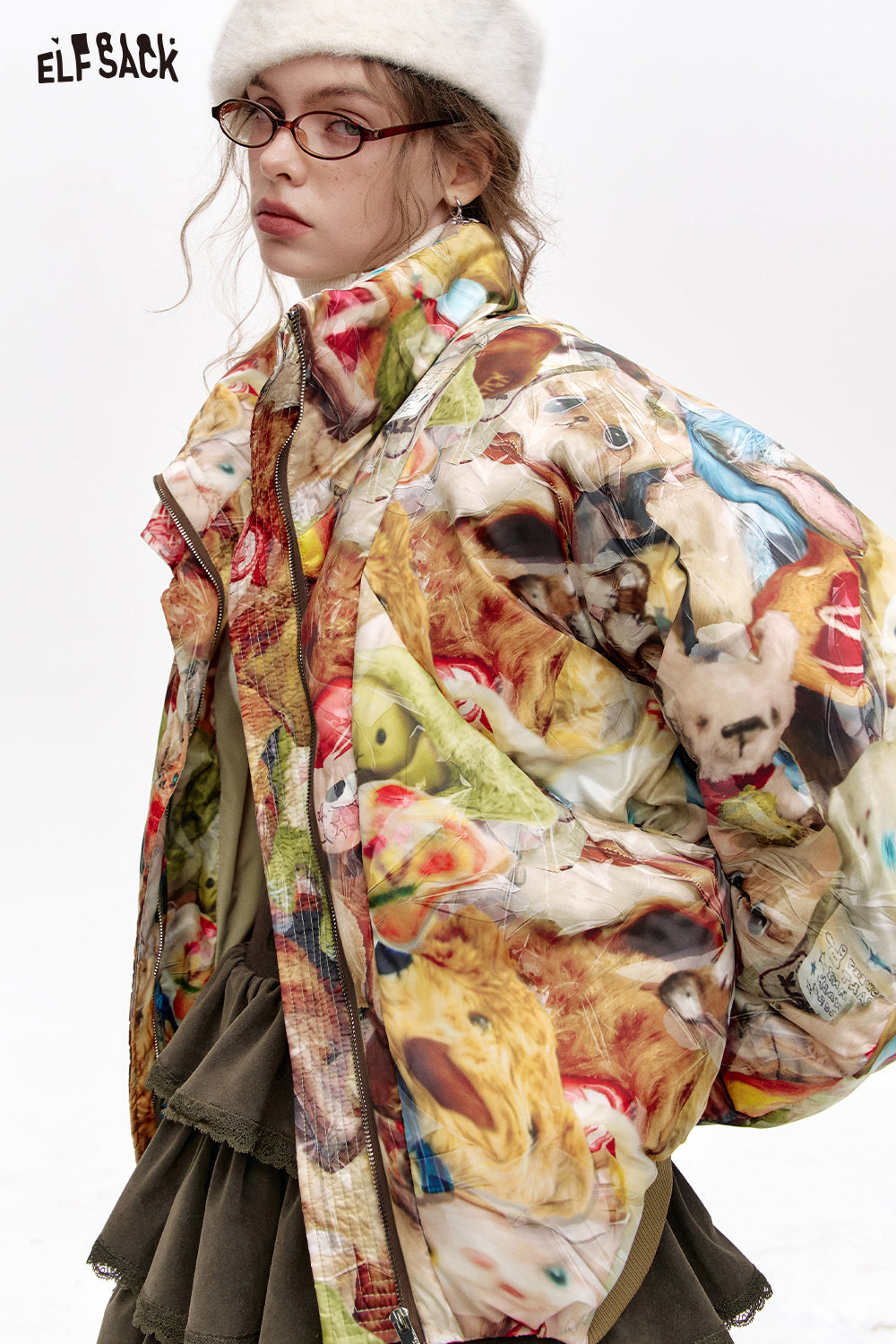 ELFSACK Stand collar all over print short down jacket