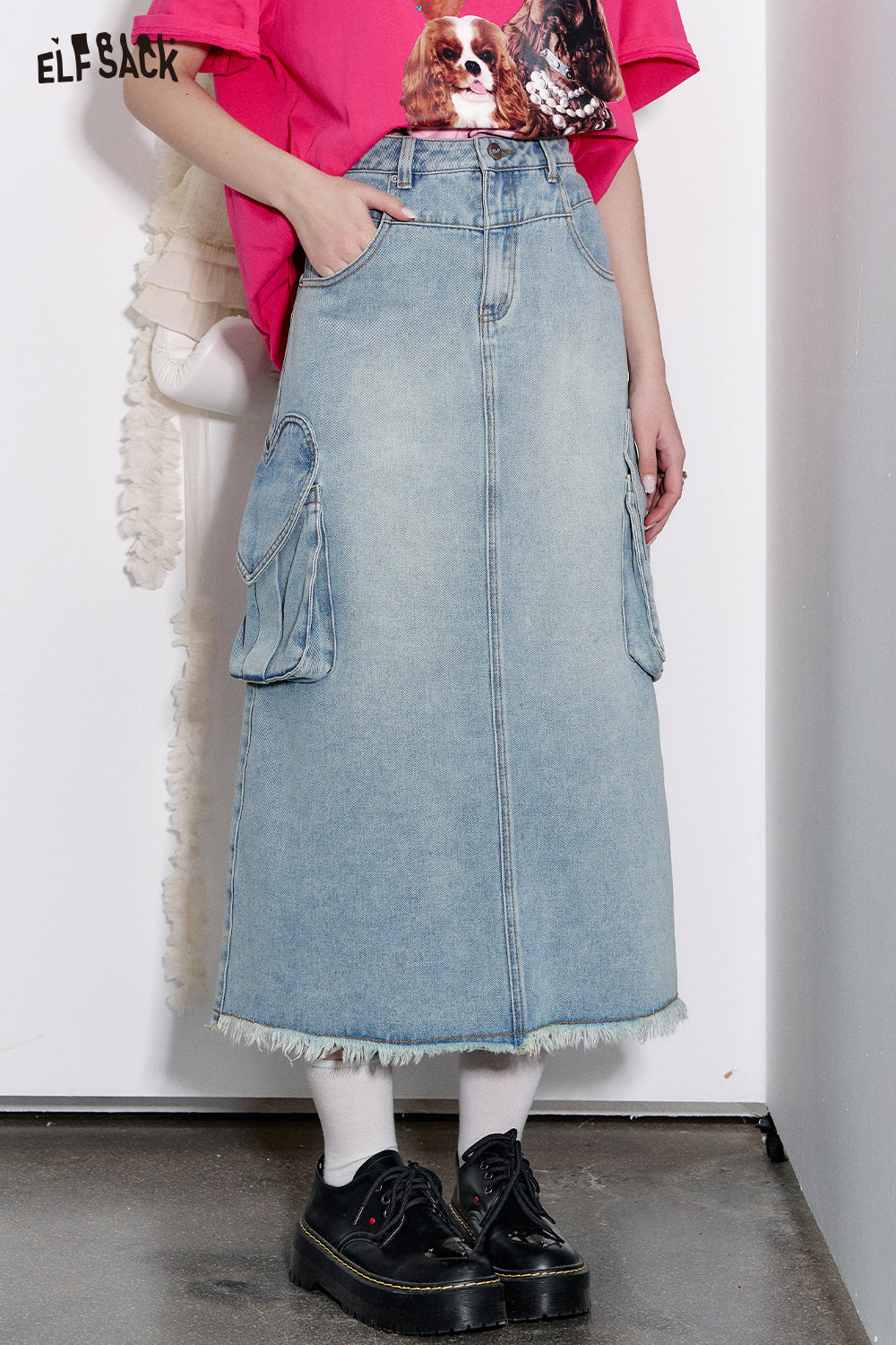 ELFSACK Sweet High Waist A-Line Denim Long Skirt Women Versatile Heart Pockets Skirt