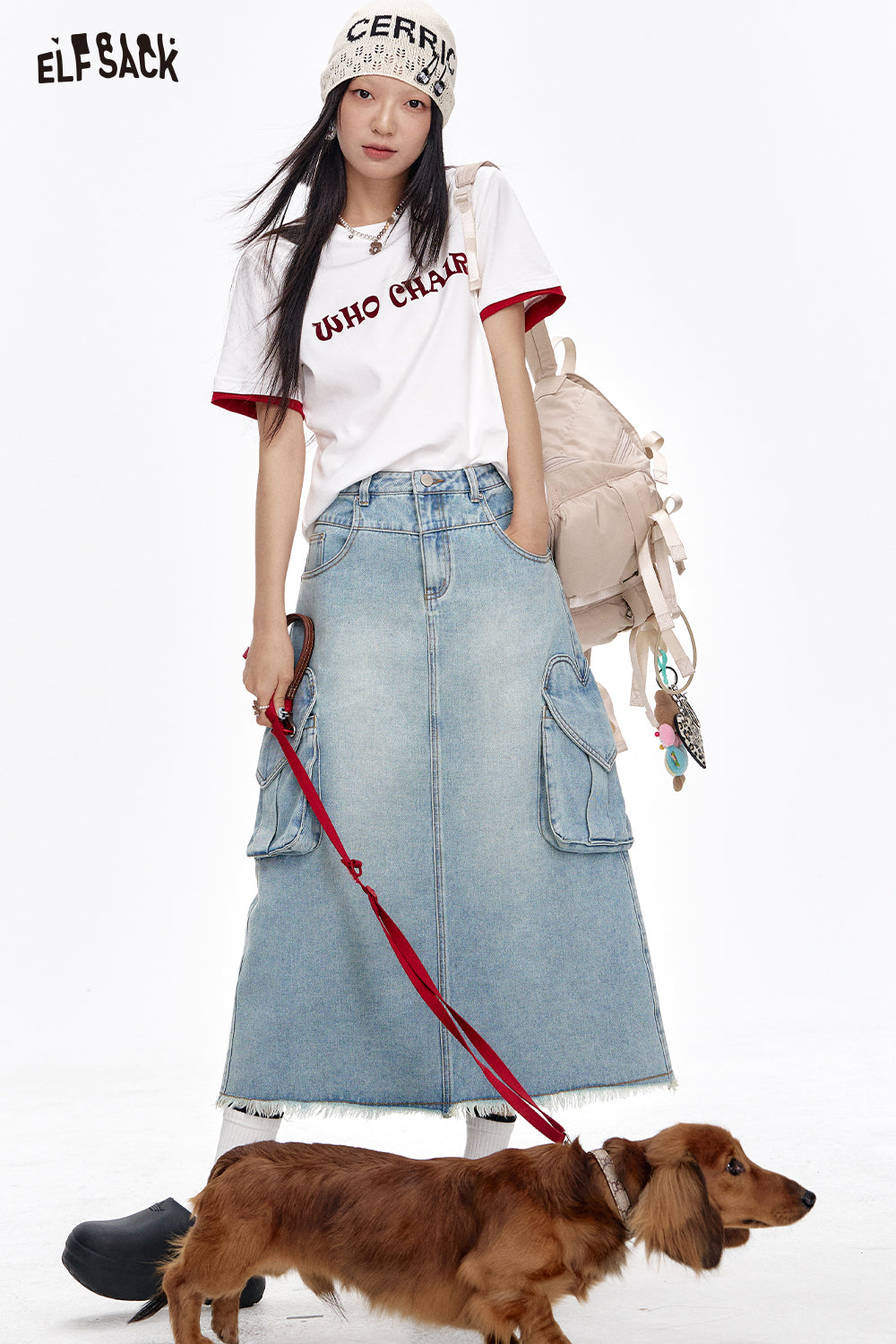 ELFSACK Sweet High Waist A-Line Denim Long Skirt Women Versatile Heart Pockets Skirt