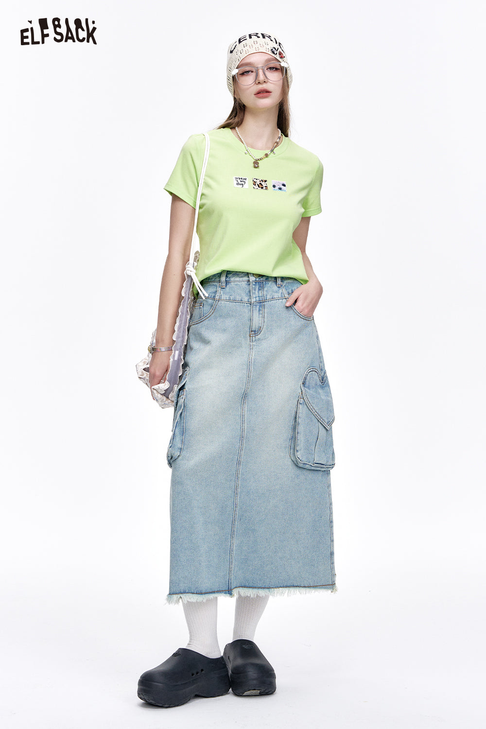 ELFSACK Sweet High Waist A-Line Denim Long Skirt Women Versatile Heart Pockets Skirt