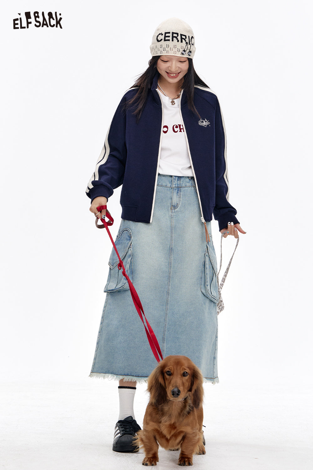 ELFSACK Sweet High Waist A-Line Denim Long Skirt Women Versatile Heart Pockets Skirt