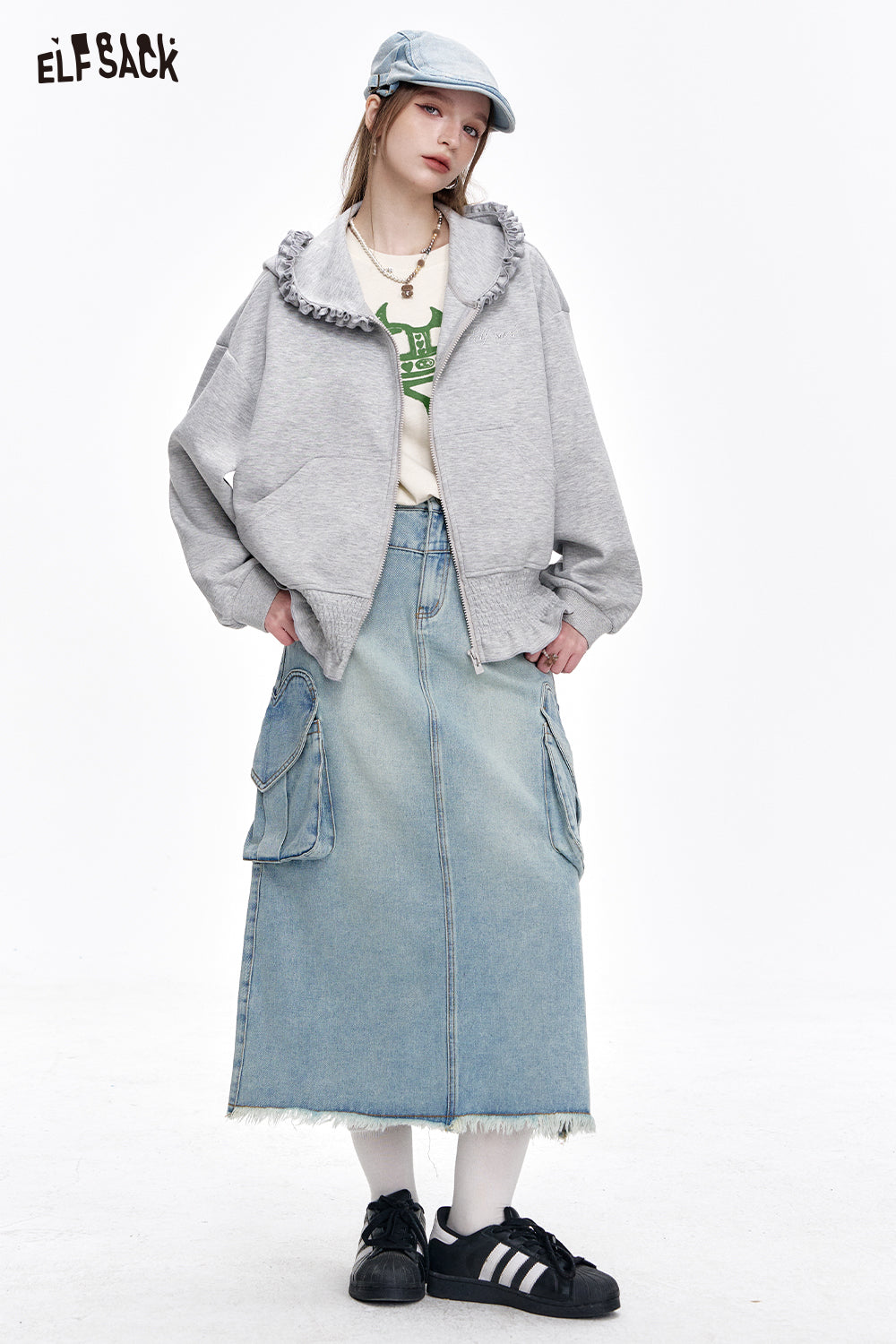 ELFSACK Sweet High Waist A-Line Denim Long Skirt Women Versatile Heart Pockets Skirt