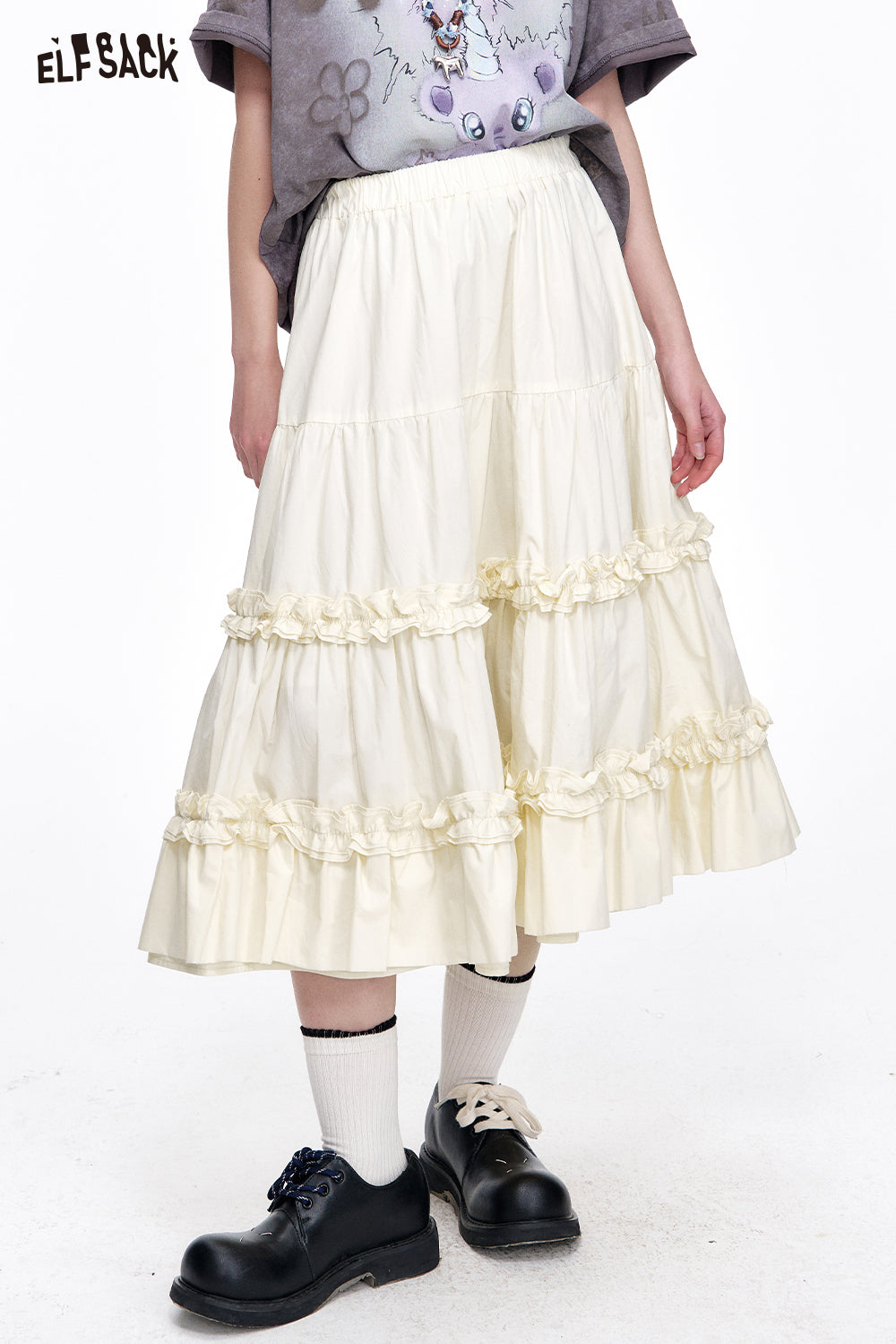 ELFSACK Preppy Style High Waist A-line White Pleated Skirt Women's Versatile Solid Color Cotton Long Skirt