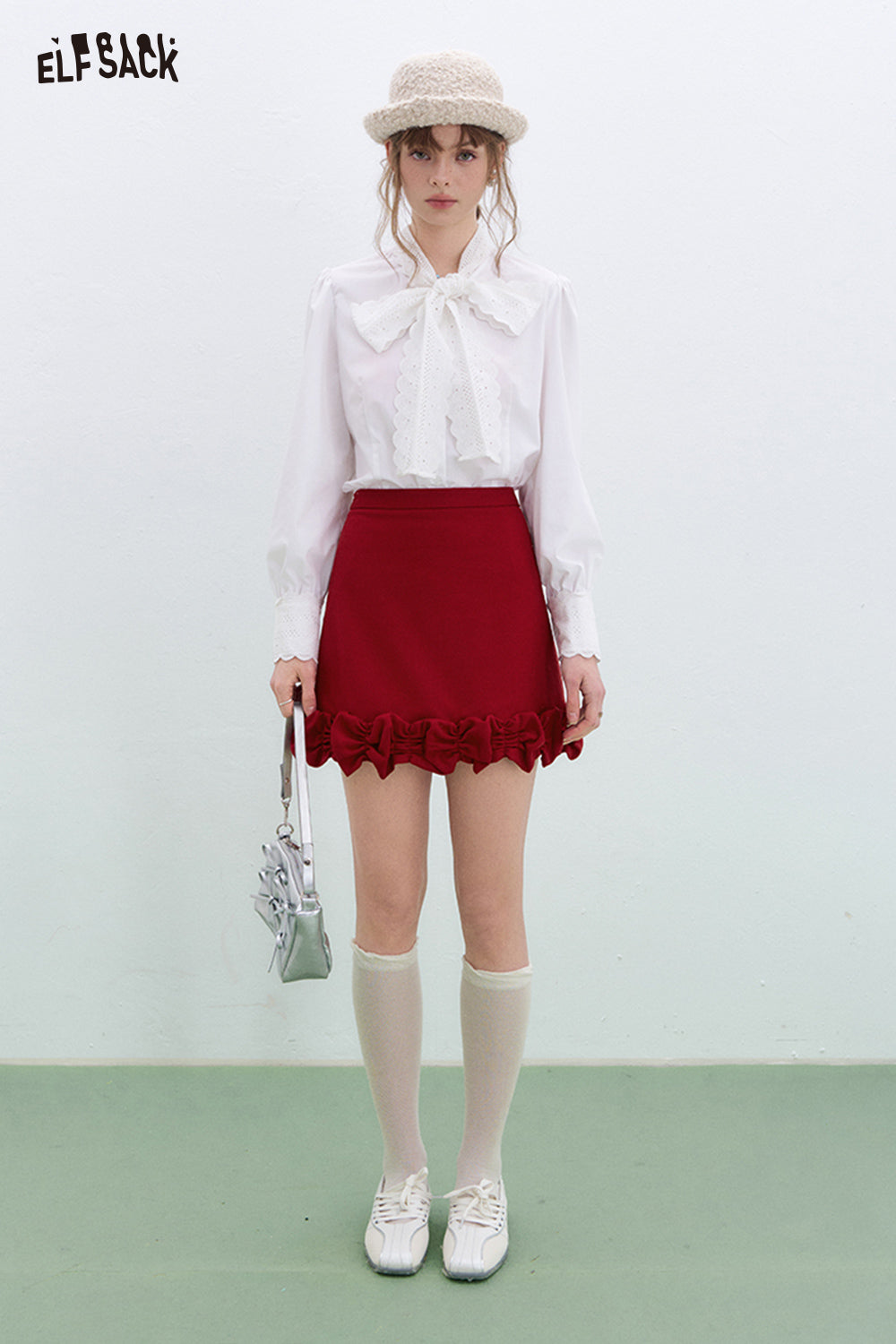 ELFSACK pleated skirt sweet and versatile high waist A-line skirt