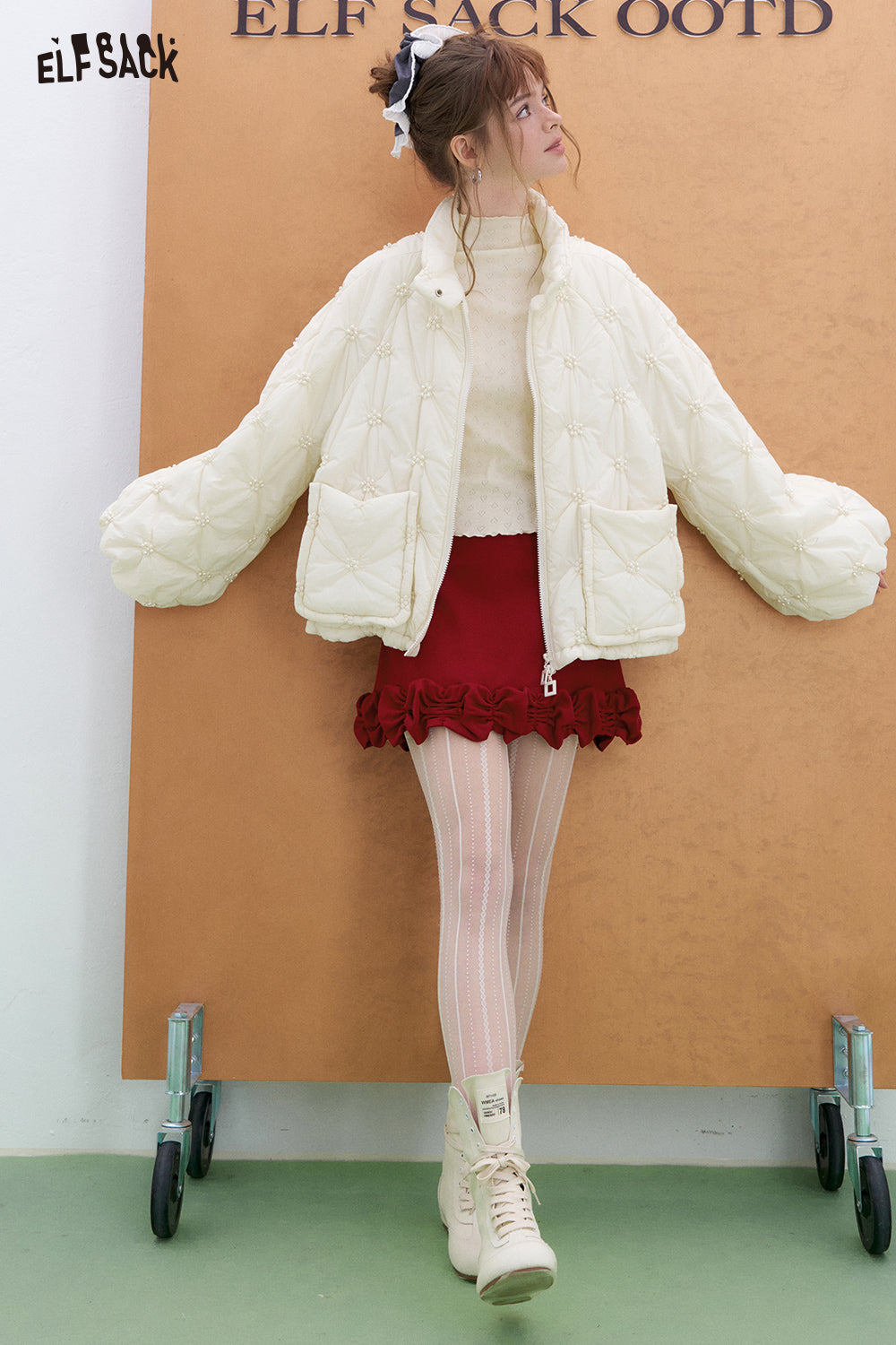 ELFSACK pleated skirt sweet and versatile high waist A-line skirt