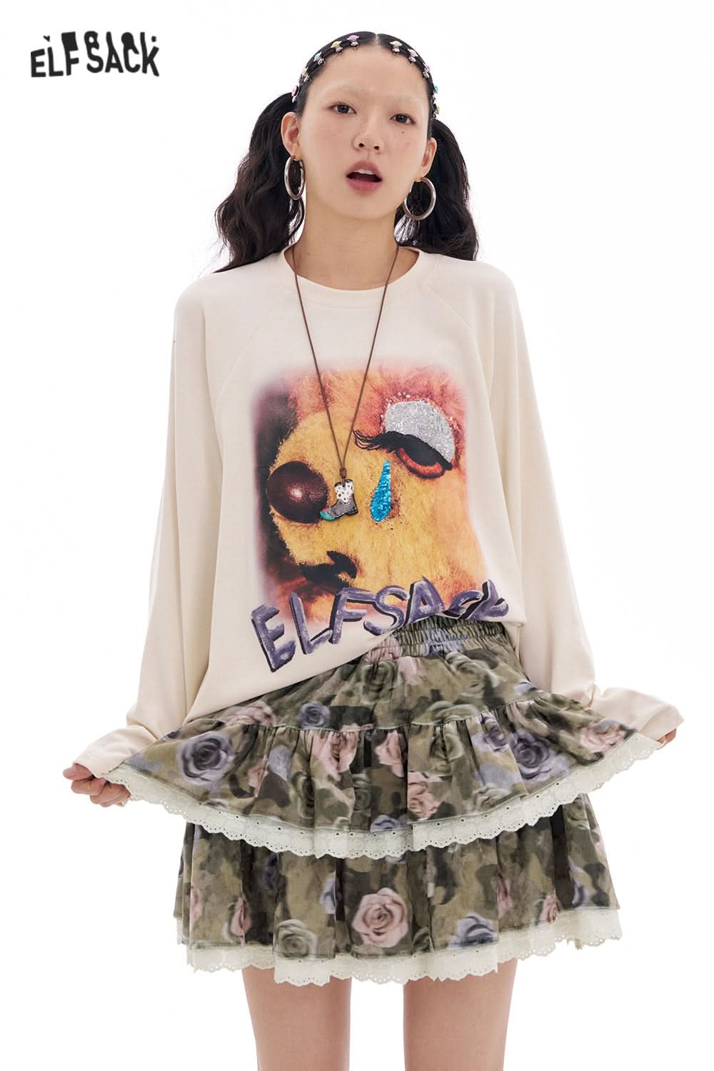 ELFSACK Y2K Flower Full Print Lace Stitching Skirt Women Retro Ruffle Mini Skirts