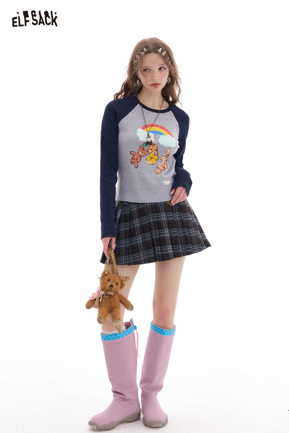 ELFSACK Y2K High Waist Plaid A-Line Skirt Women Preppy Style Bear Patch Pleated Skirt