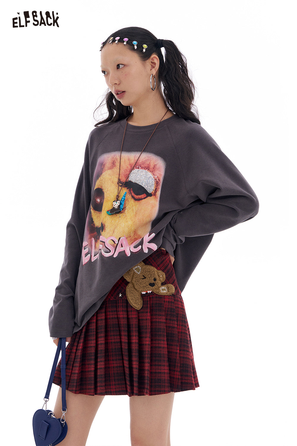 ELFSACK Y2K High Waist Plaid A-Line Skirt Women Preppy Style Bear Patch Pleated Skirt