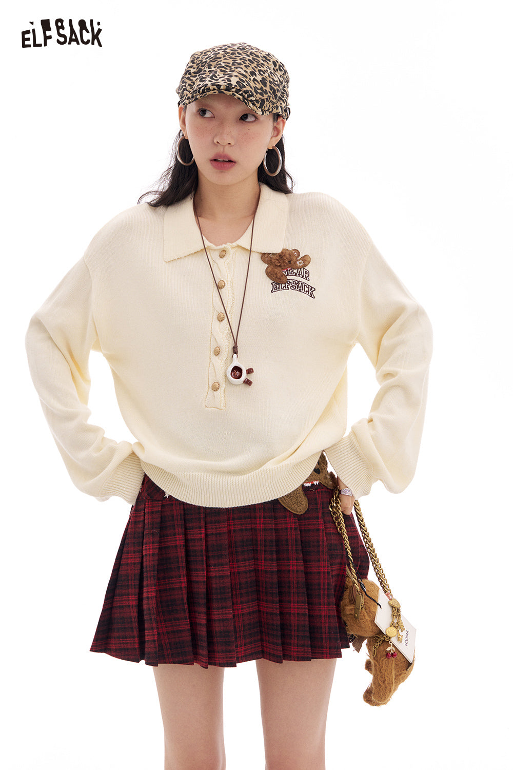ELFSACK Y2K High Waist Plaid A-Line Skirt Women Preppy Style Bear Patch Pleated Skirt