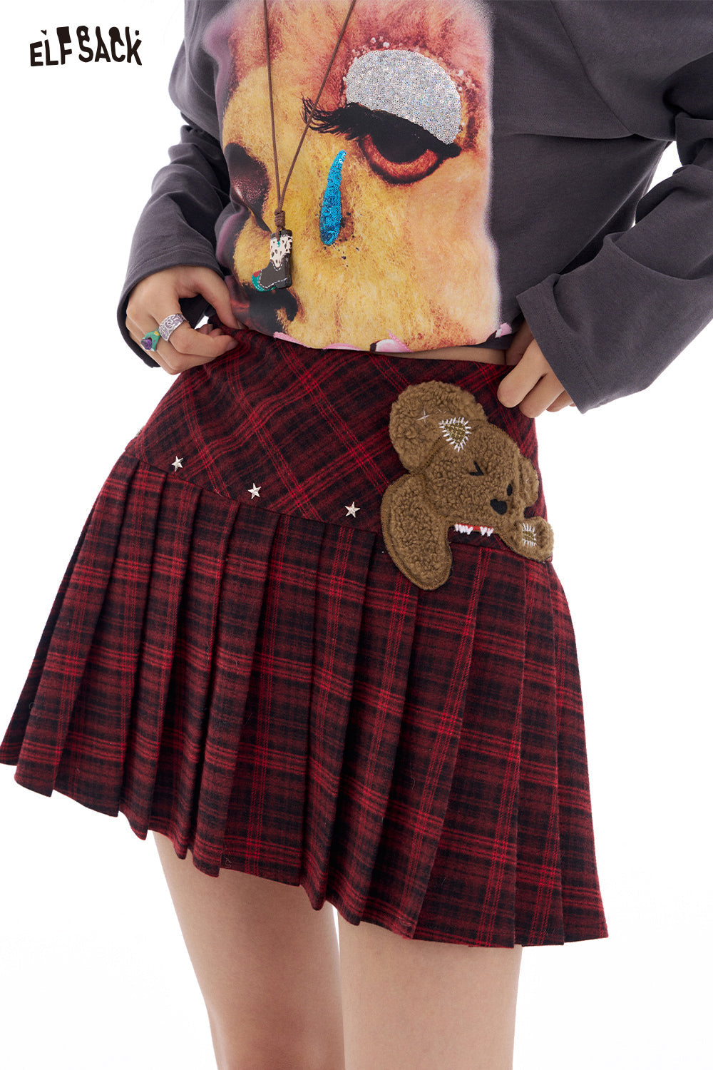 ELFSACK Y2K High Waist Plaid A-Line Skirt Women Preppy Style Bear Patch Pleated Skirt