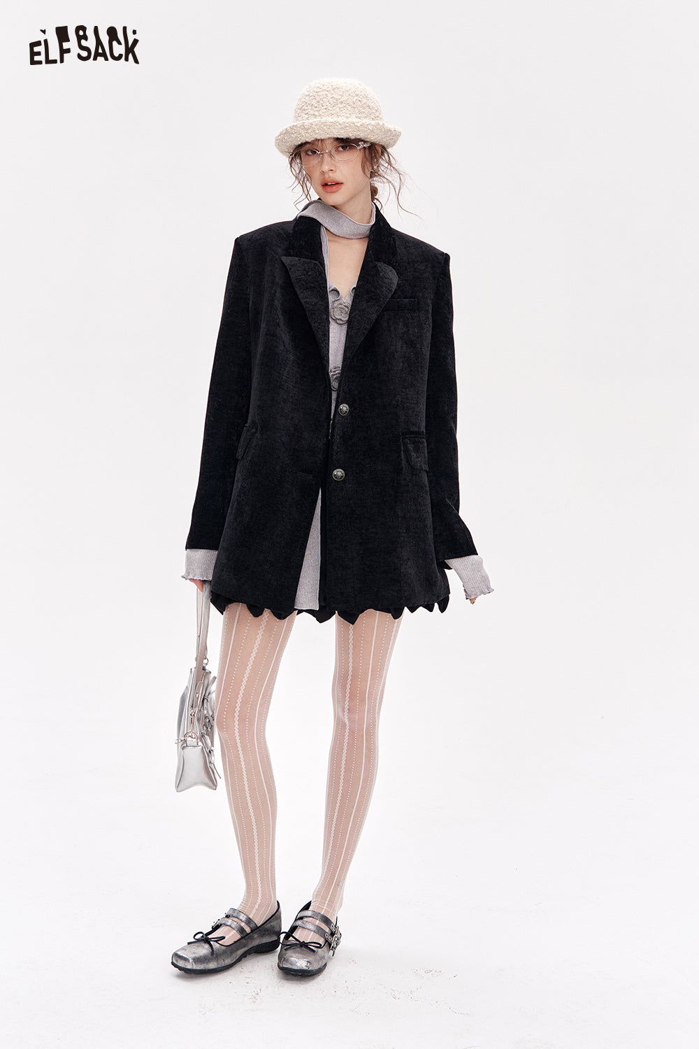 ELFSACK Vintage red velvet suit elegant woman blazer coat