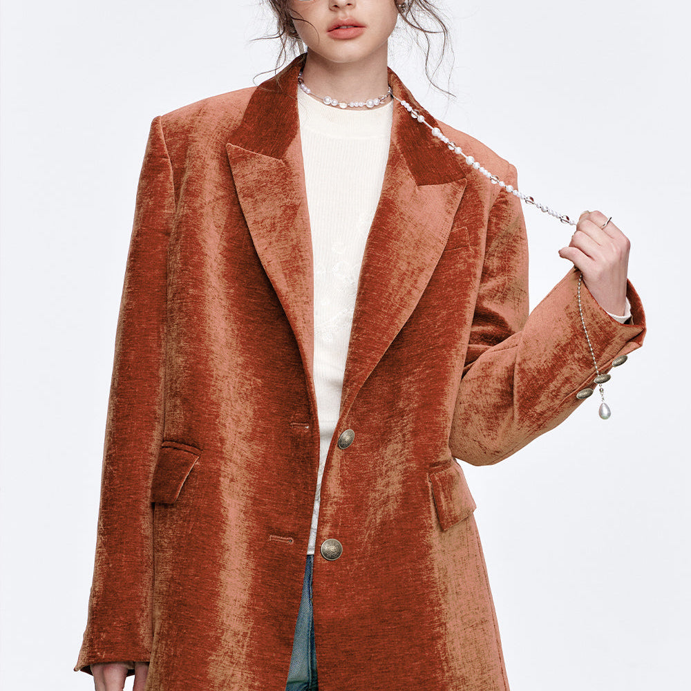 ELFSACK 2025 Spring New Arrivals Vintage red velvet suit for women elegant woman blazer coat