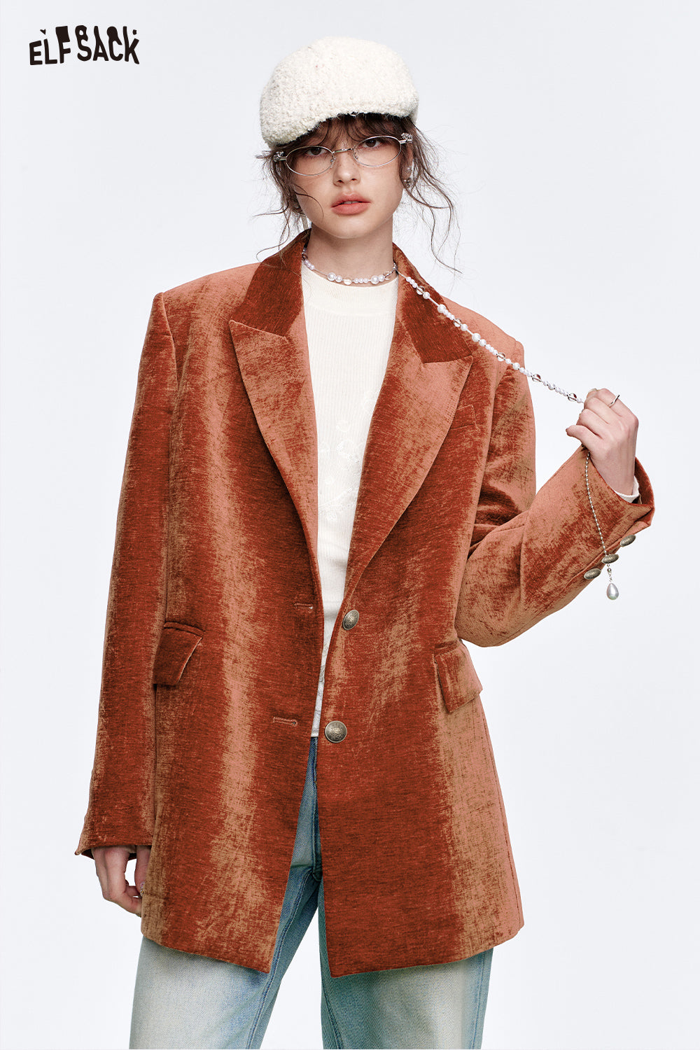 ELFSACK 2025 Spring New Arrivals Vintage red velvet suit for women elegant woman blazer coat