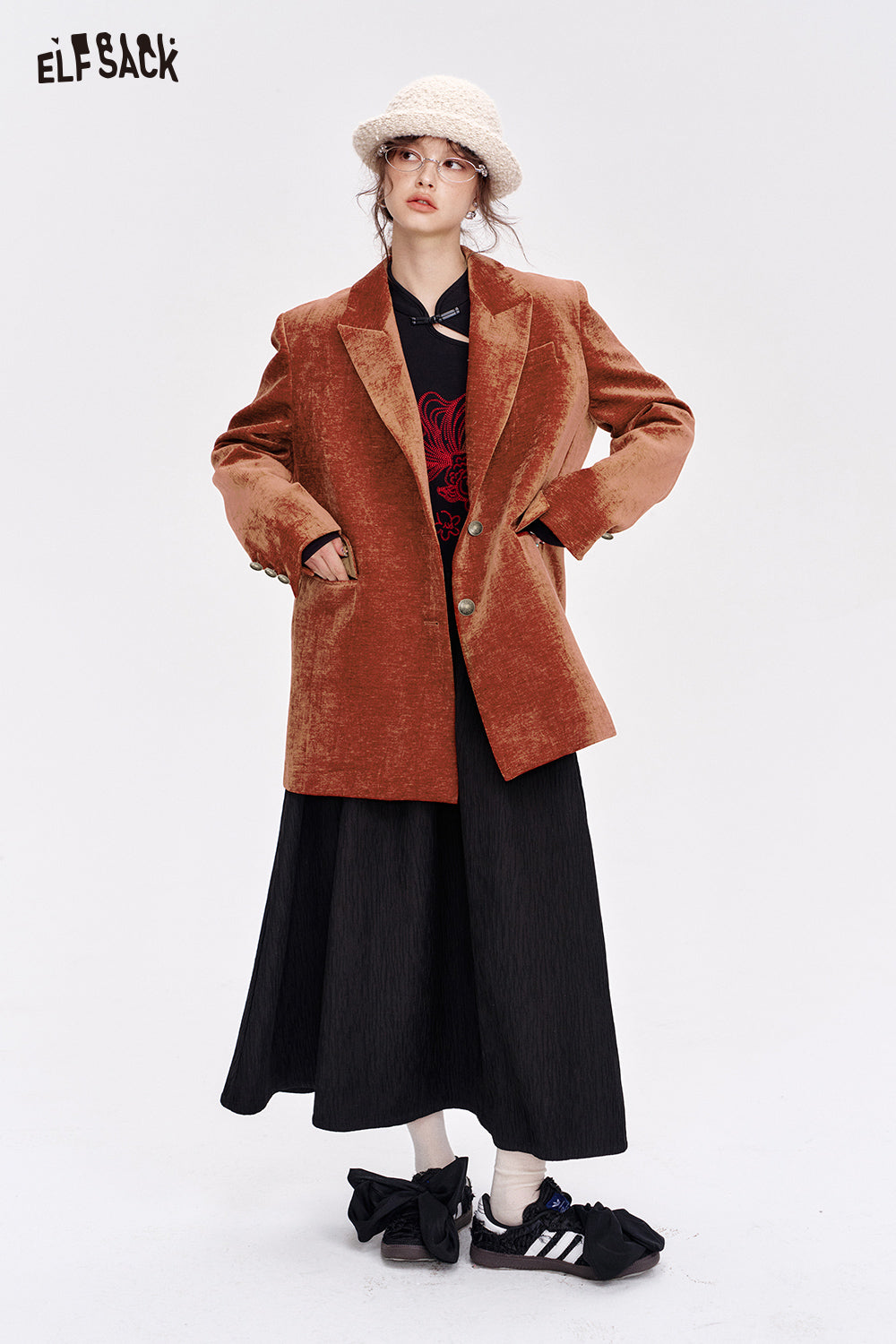 ELFSACK Vintage red velvet suit elegant woman blazer coat