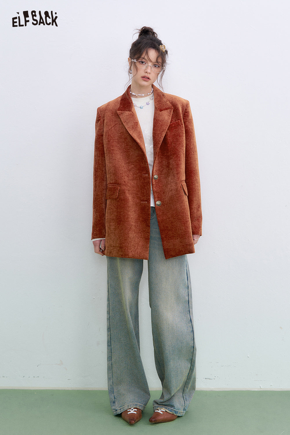 ELFSACK Vintage red velvet suit elegant woman blazer coat