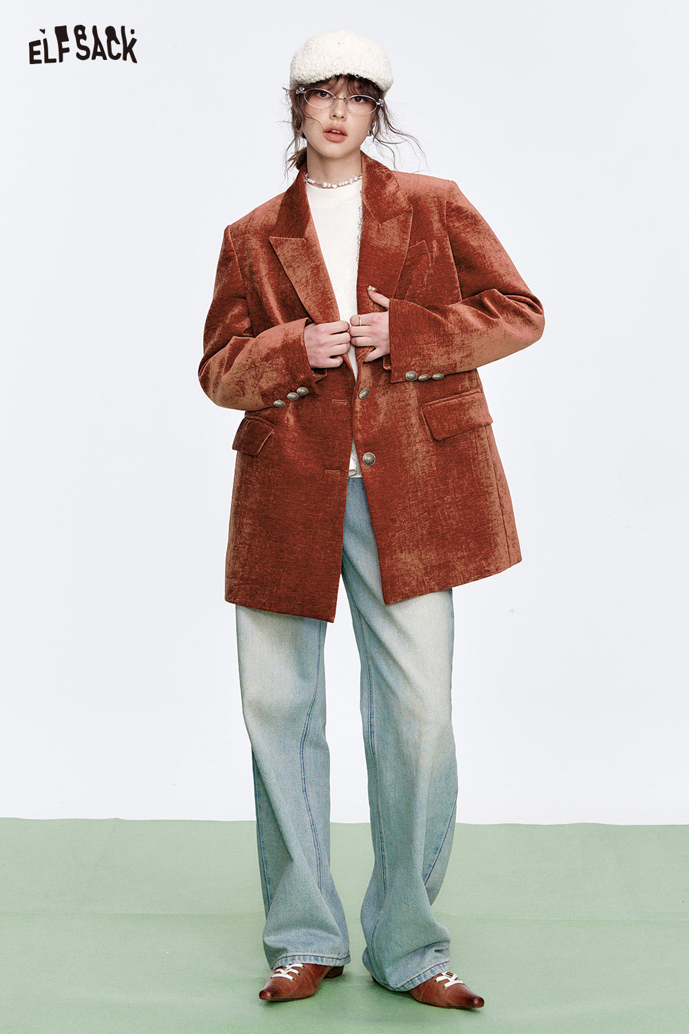 ELFSACK Vintage red velvet suit elegant woman blazer coat