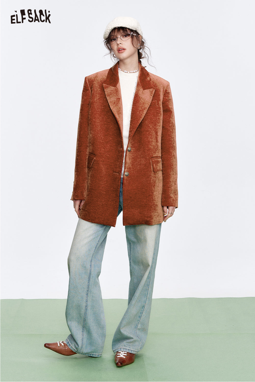 ELFSACK Vintage red velvet suit elegant woman blazer coat