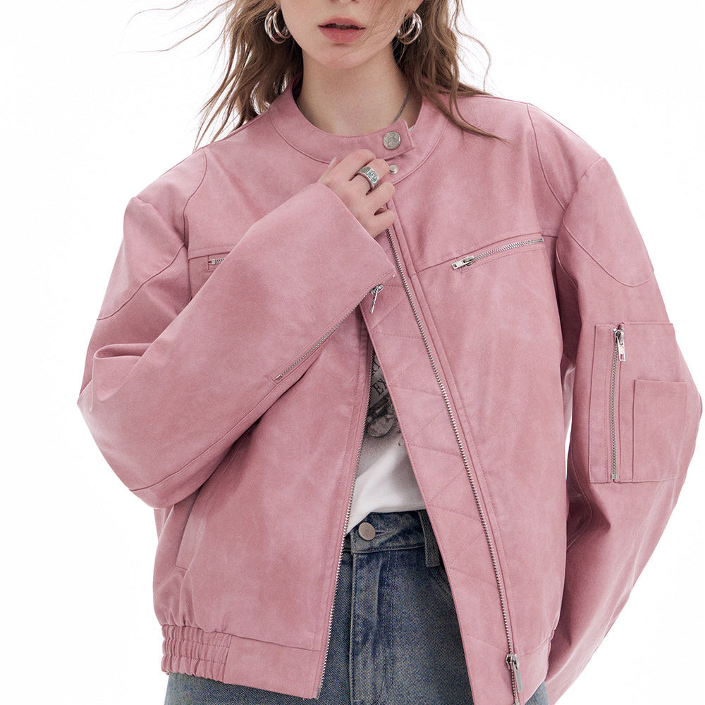 ELFSACK 2025 Spring New Arrivals Sweet Cool Pink Faux PU Leather Jacket Casual Lady Zipper Short Leather Jacket High Street Motorcycle Coat