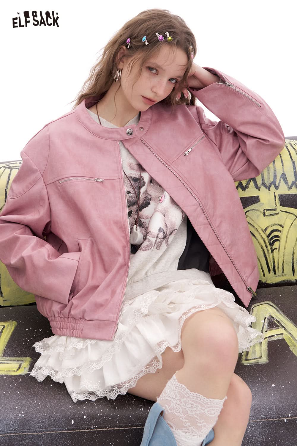 ELFSACK Sweet Cool Pink Faux PU Leather Jacket Casual Lady Zipper Short Leather Jacket High Street Motorcycle Coat