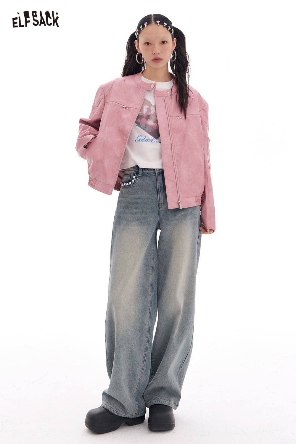 ELFSACK Sweet Cool Pink Faux PU Leather Jacket Casual Lady Zipper Short Leather Jacket High Street Motorcycle Coat