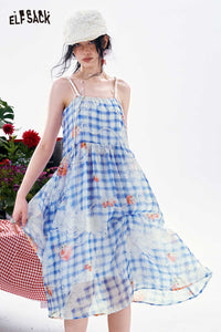 Vestido midi de lino con tiras de cuentas y estampado de guinga