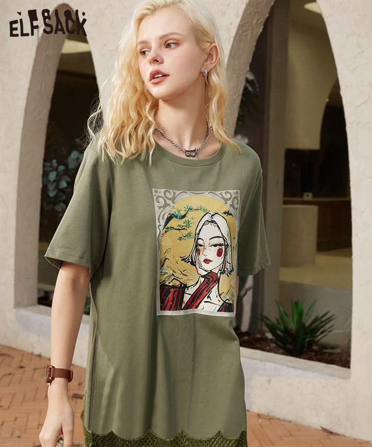 ELFSACK Spliced Lace T-shirt Dresses