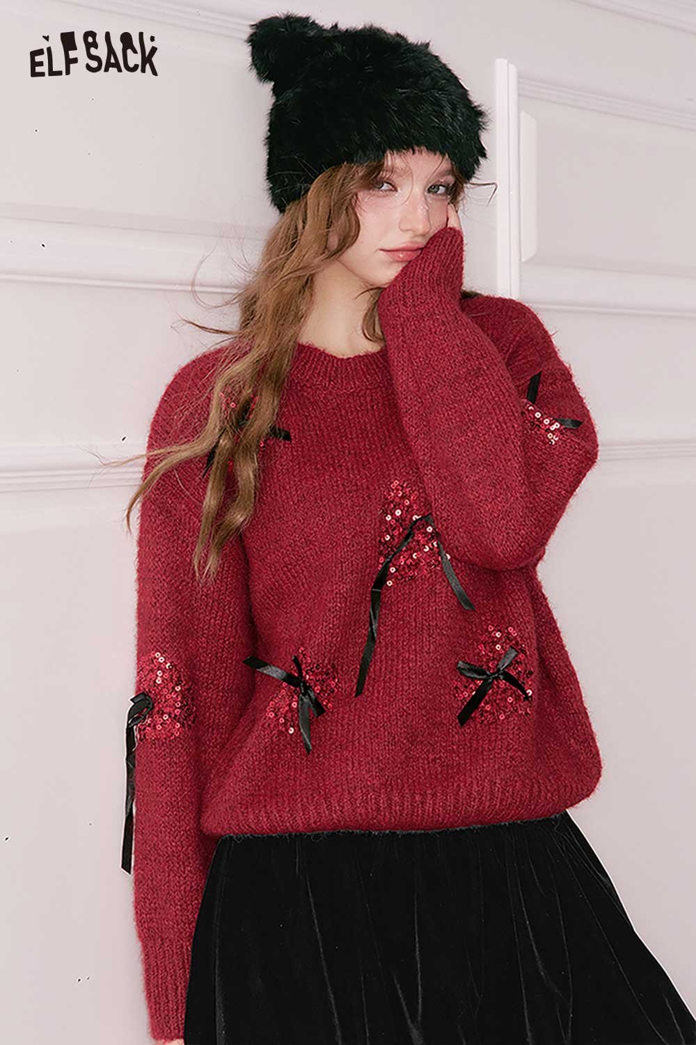 ELFSACK 3D bow embellished cropped sweater in red with charming floral details and ribbons