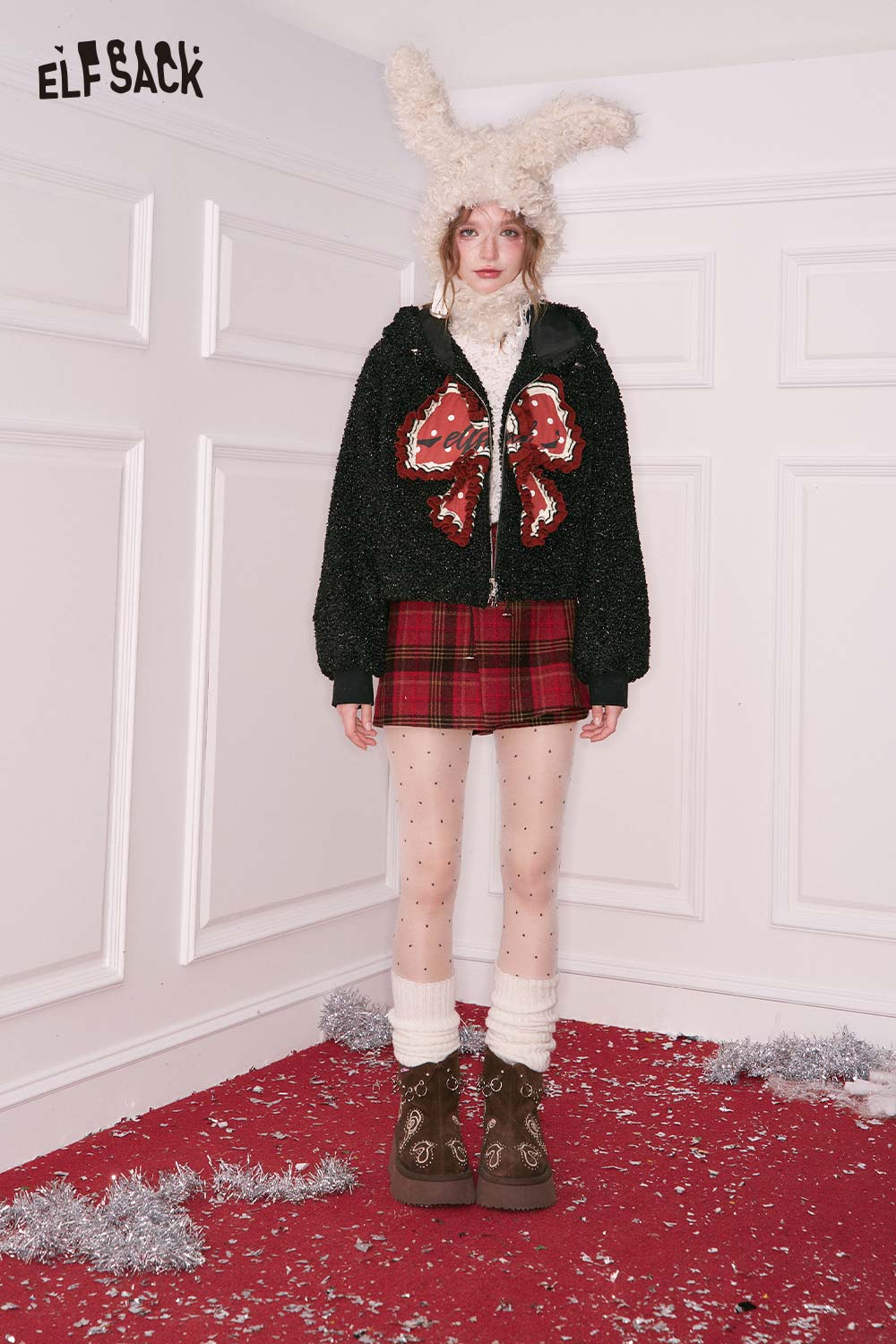 ELFSACK 3D bow glitter plush jacket with oversized design and festive style