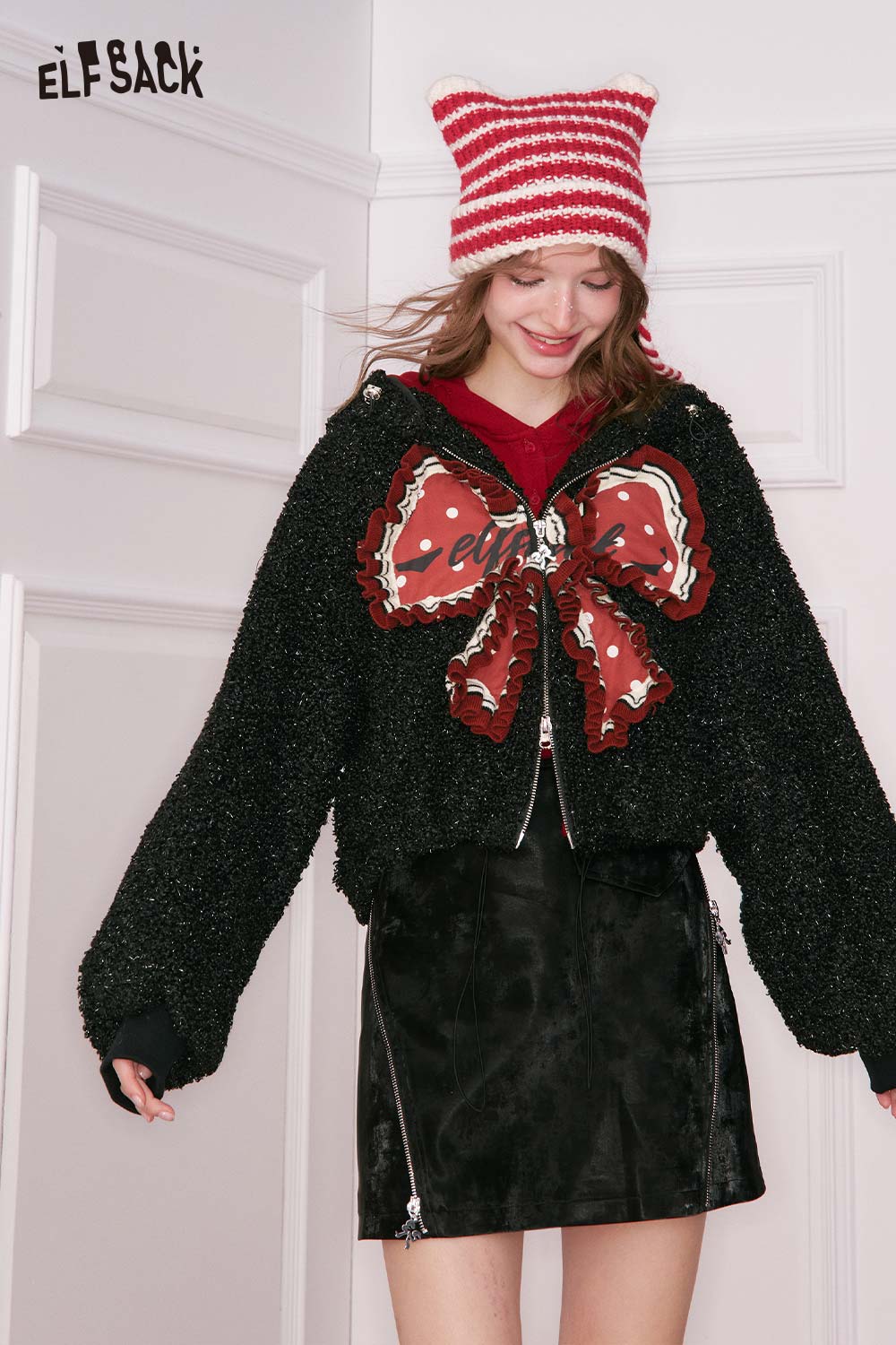 ELFSACK 3D bow glitter plush jacket with a stylish front bow and cozy design for winter wear