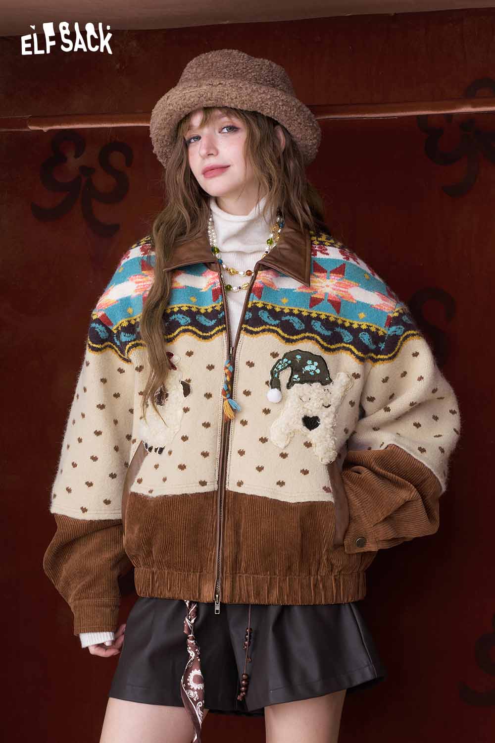 ELFSACK 3D dog graphic lapel coat featuring a cozy design with colorful patterns and soft textures