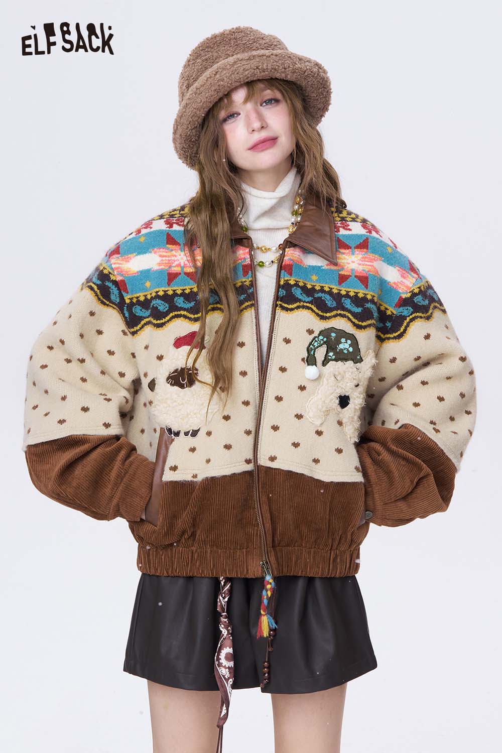 ELFSACK 3D dog graphic lapel coat featuring colorful patterns and plush fabric for a cozy look