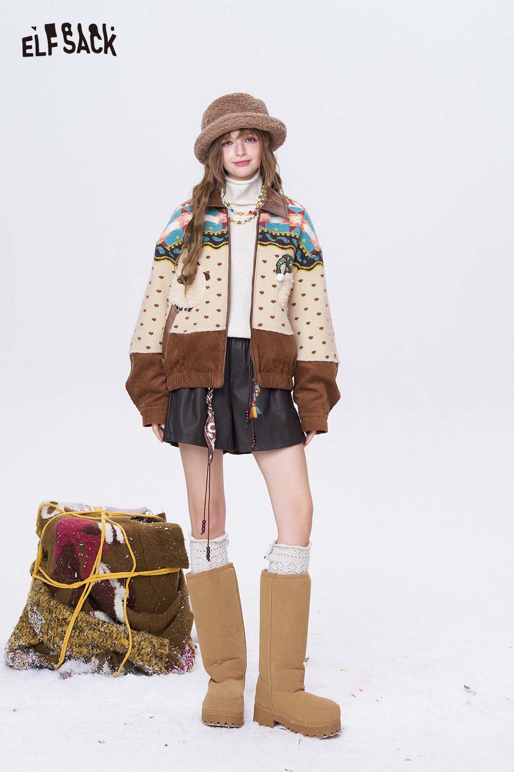 ELFSACK 3D dog graphic lapel coat featuring a unique design with colorful details and cozy fabric