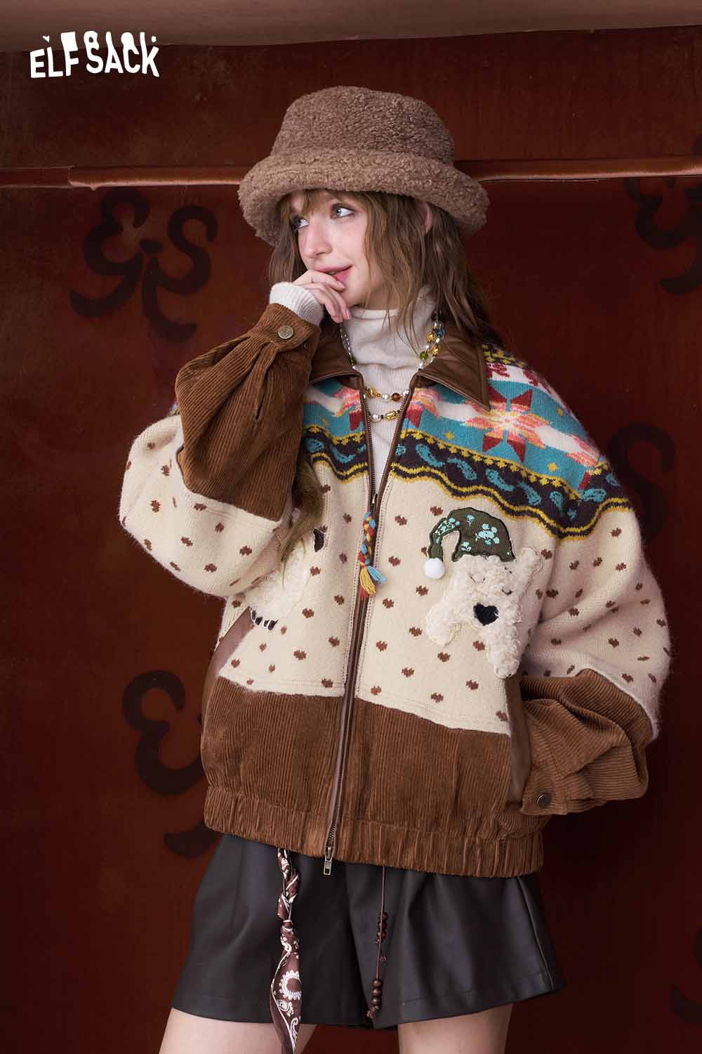 ELFSACK 3D dog graphic lapel coat in brown with colorful patterns and cozy design for stylish winter fashion