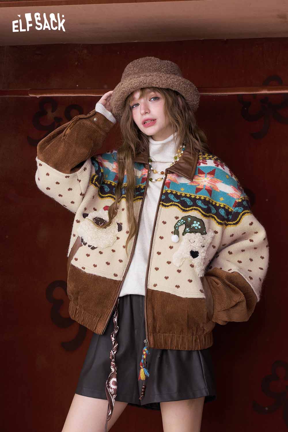 ELFSACK 3D dog graphic lapel coat in brown with colorful patterns and a cozy design for a stylish winter look