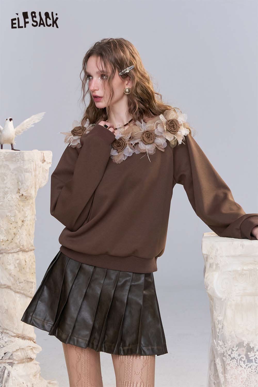 ELFSACK 3D floral applique oversized sweatshirt in brown with decorative floral neckline detail