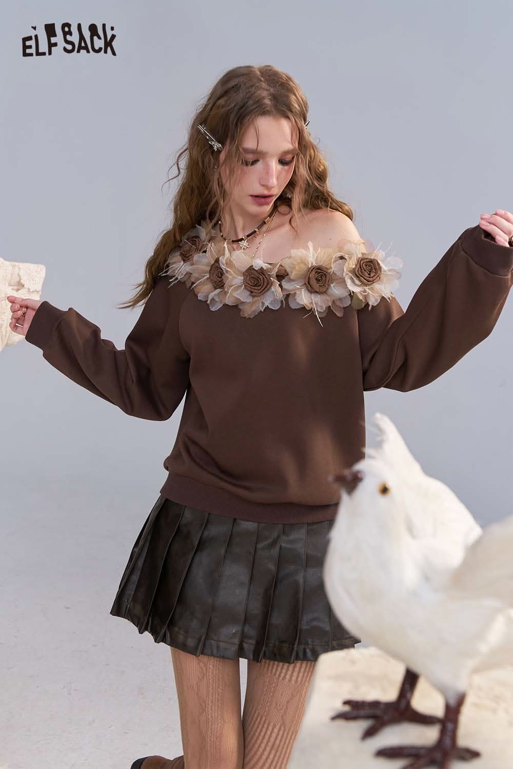 Brown ELFSACK 3D floral applique oversized sweatshirt with elegant floral details on the neckline