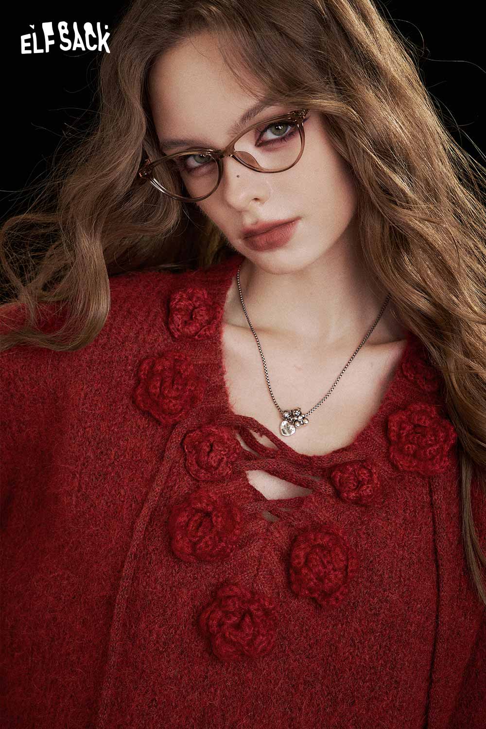 ELFSACK 3D floral embroidered sweater in red with floral details and a lace-up design