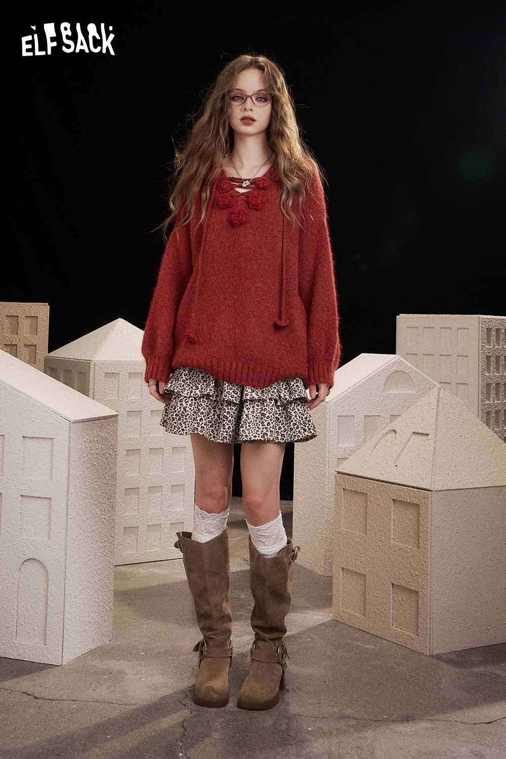 ELFSACK 3D floral embroidered sweater in red with a cozy design, paired with a stylish skirt and knee-high boots