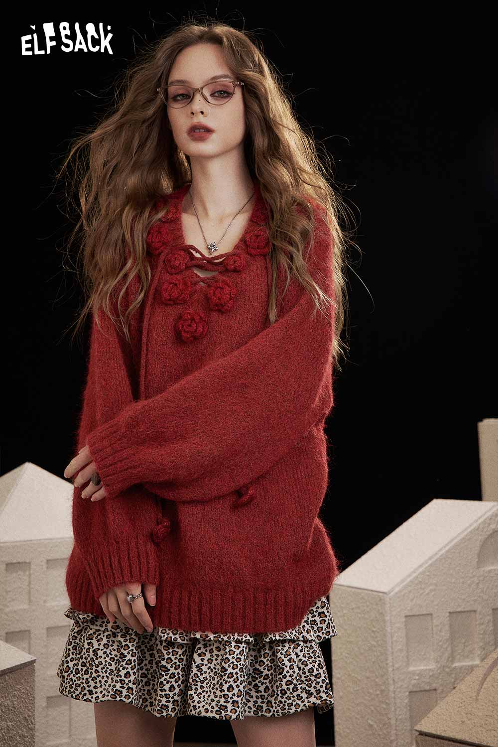 ELFSACK 3D floral embroidered sweater in red, featuring a cozy oversized fit and decorative flower details.