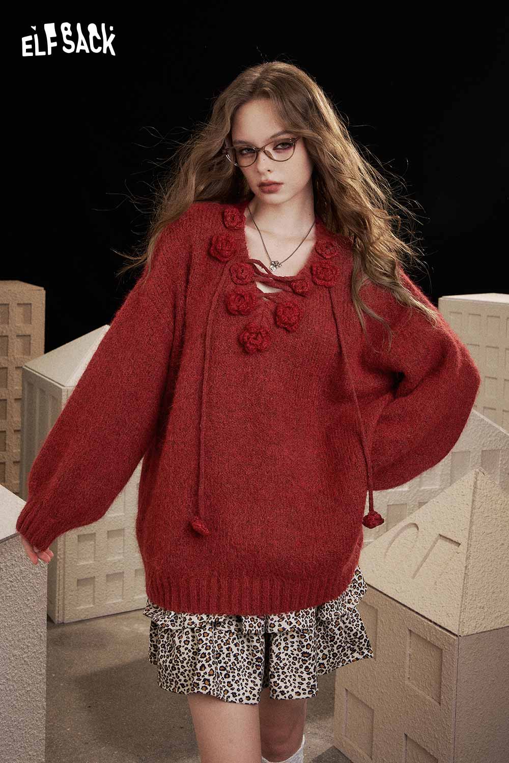 ELFSACK 3D floral embroidered sweater in red with oversized sleeves and decorative details