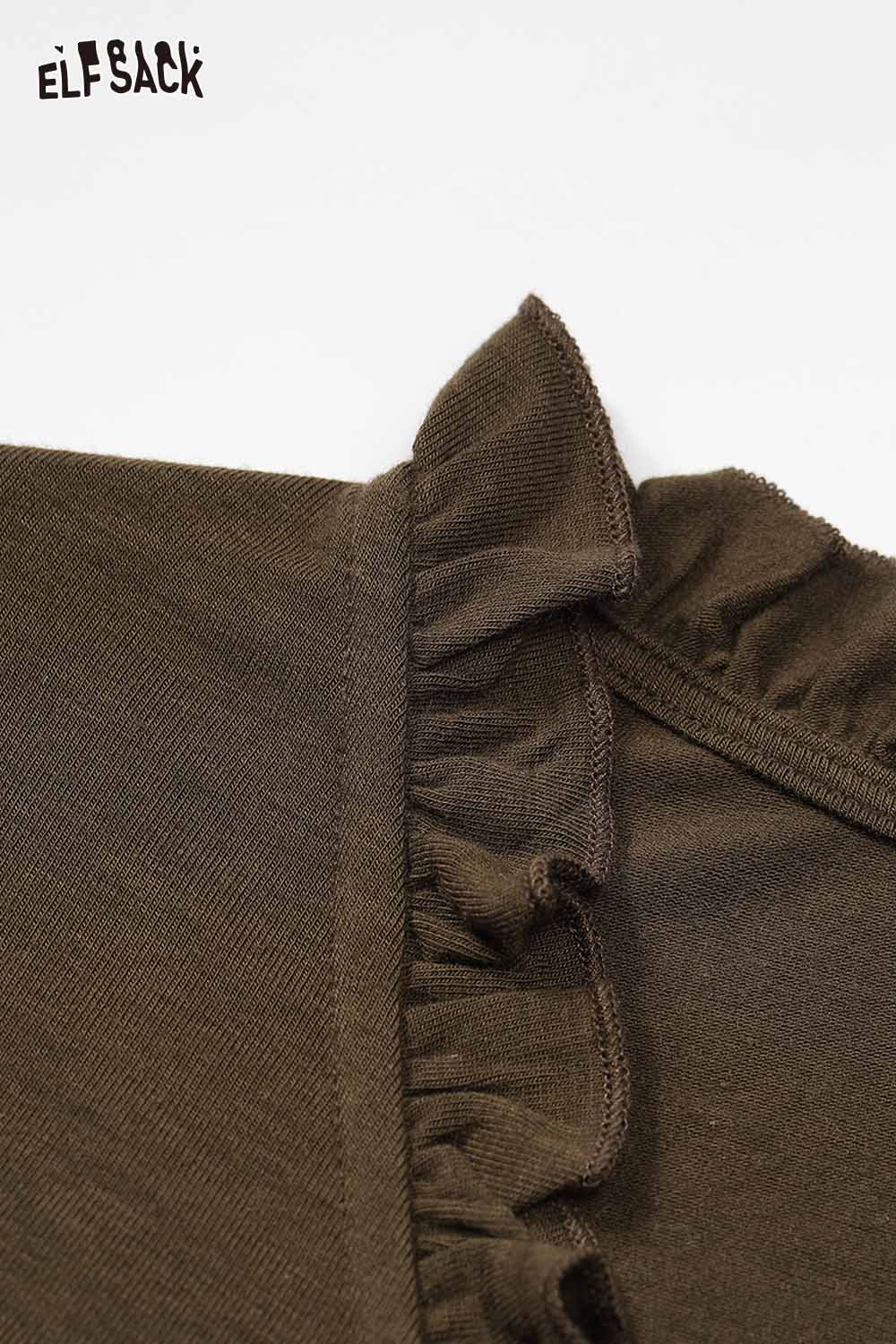 ELFSACK 3D floral pleated fitted tee in brown featuring ruffle neckline detail