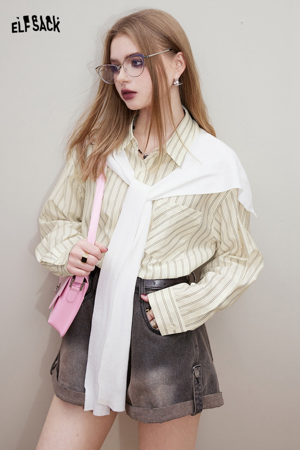 ELFSACK [Free shawl] Casual striped shirt in early spring, old money style outfit